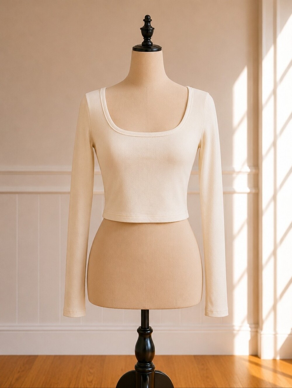 Wild Fable Ribbed Square Neck Long-Sleeve Crop Top in Cream